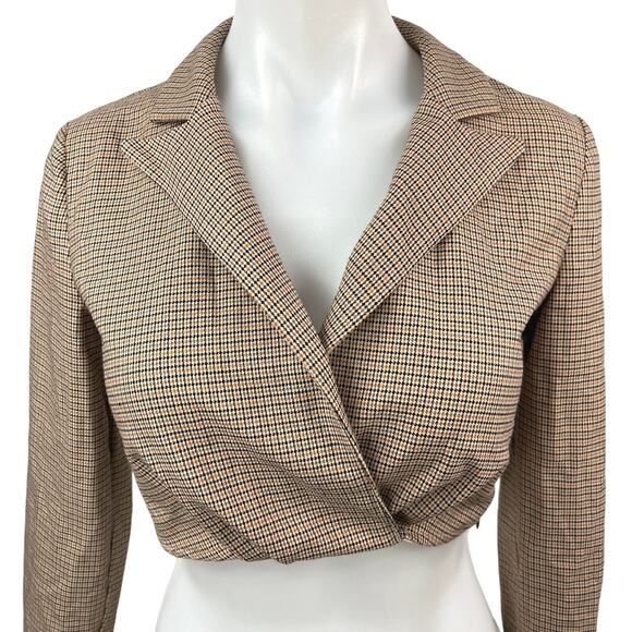 Zara Beige Houndstooth Collared Notch Lapel Long Sleeve Blazer Crop Top Size XS - Picture 3 of 5